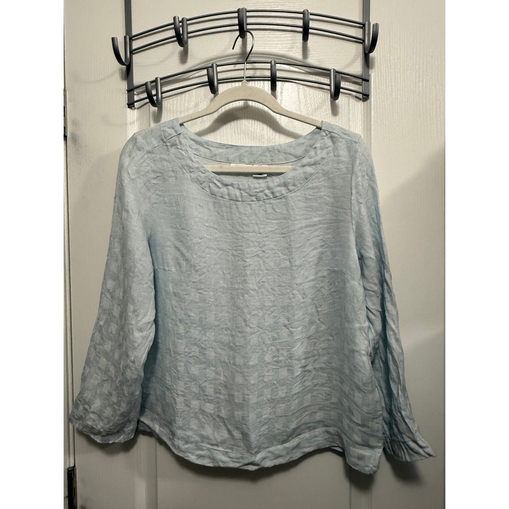Sigrid Olsen Womens Light Blue 100% Linen Checkered Boat Neck Blouse Size M